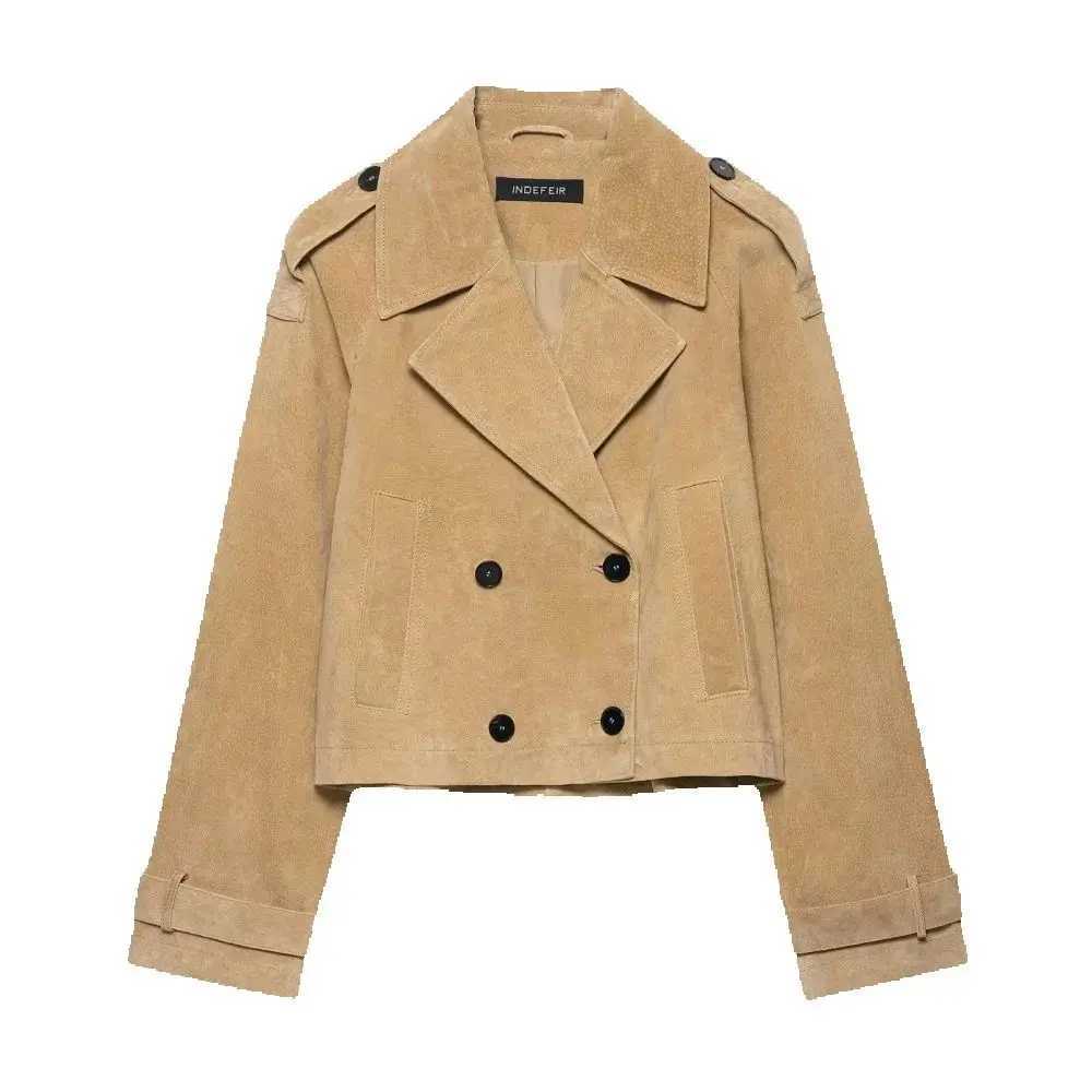 Womens trench coat style loose short jacket with lapel long sleeved button pocket shoulder patch autumn and winter new J251124