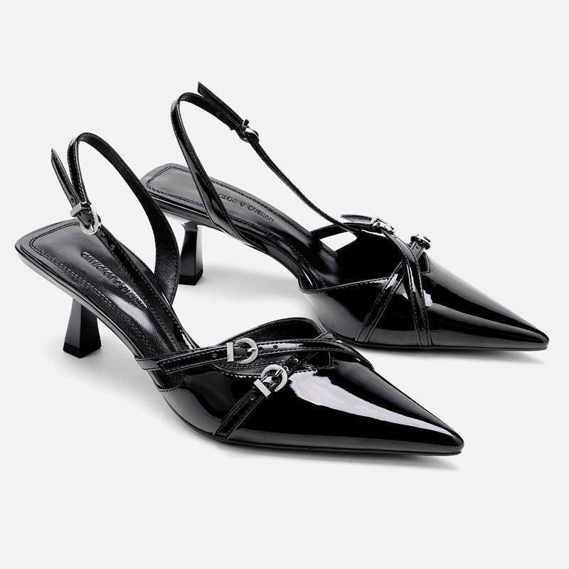 2025 Summer New Style Black Patent Leather Kitten Heel Sandals with Buckle Toe-Covered Slim Heel Pointed-Toe High-Heeled Shoes for Women