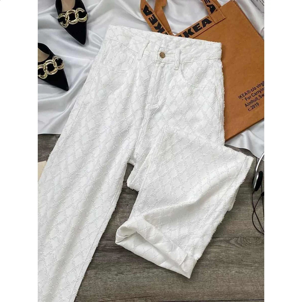 White plain straight loose pants womens spring and autumn fashion jeans high waist wide leg full set mens jeans 250422