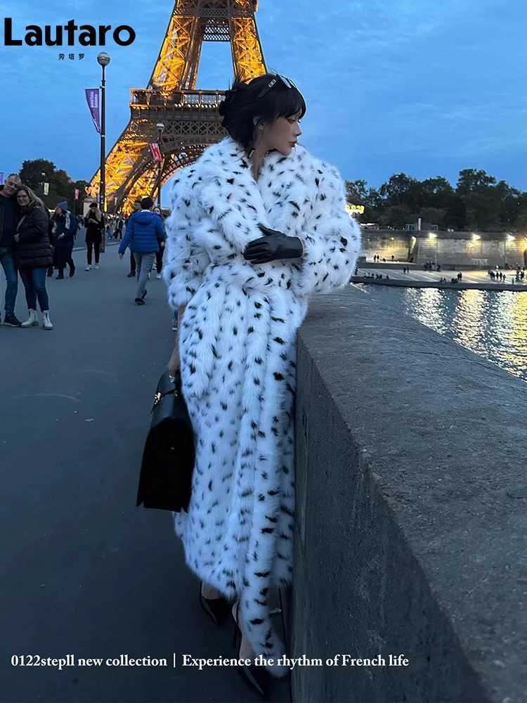 Lautaro Winter Extra Long Thick Warm Colorful Polka Dot Soft Fluffy Faux Fox Fur Coat Women Sashes Loose Furry Overcoat 2023 J251124