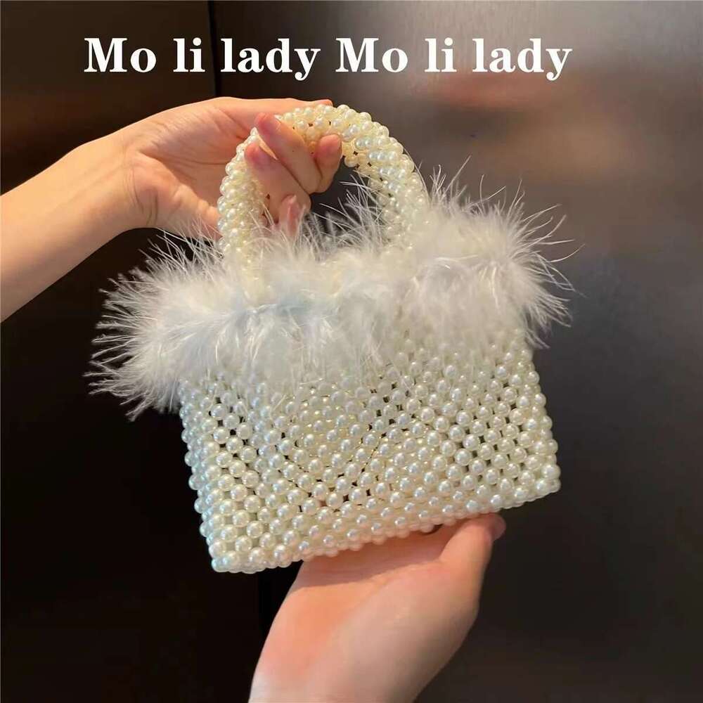 Designer Bag 2025 High Quality Pearl Beading Woven Handmade Women Handbag Ostrich Hair Evening Wedding Party Clutch Purse Shoulder Bag Luxury Bag