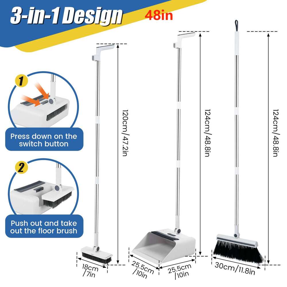 3-in-1 Ergonomic Long Handle Floor Kit High-Efficiency Broom, Dustpan & Brush Set for Home, Office, School, Dorms - Durable, Easy-to-Clean Household C