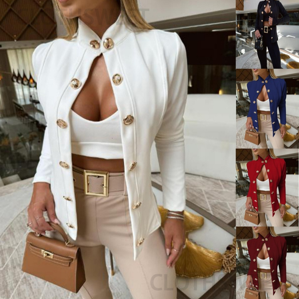 2024 new autumn and winter stand up collar slim fit long sleeved double breasted small suit for women