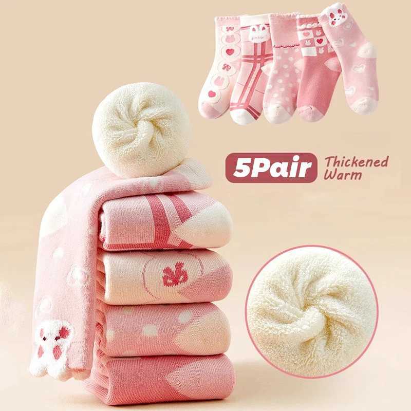5 Pair Childrens Socks Cute Bunny Thickened Girls Socks Woolen Loop Socks with Velvet Autumn/Winter Mid Tube Socks G251124