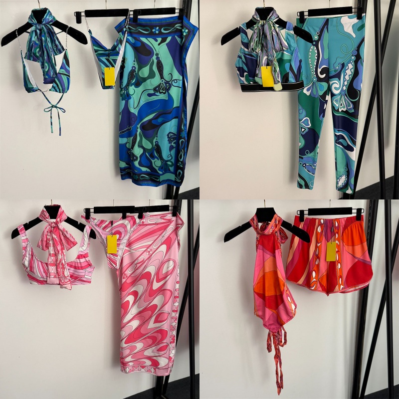 Luxury Color Block Bikinis Swimwear Women Designer Letter Print Halter Vest Shorts Set Summer Sexy Beach Swimsuit Headband Scarf Sarong