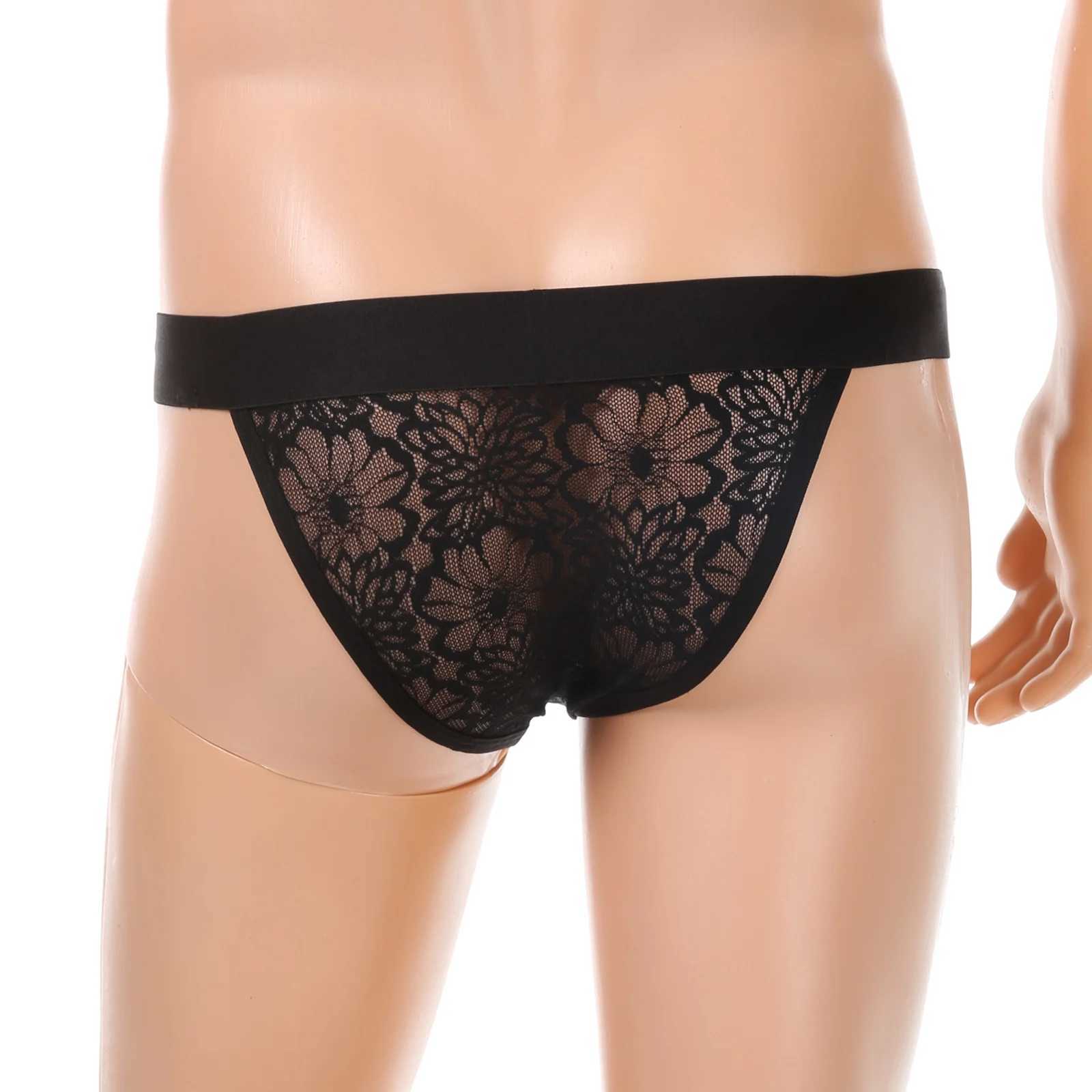 CLEVER-MENMODE Mens Sexy Underwear Lace Penis Pocket Underwear Mini Underwear High Cut Transparent Underwear Wide Belt M250424