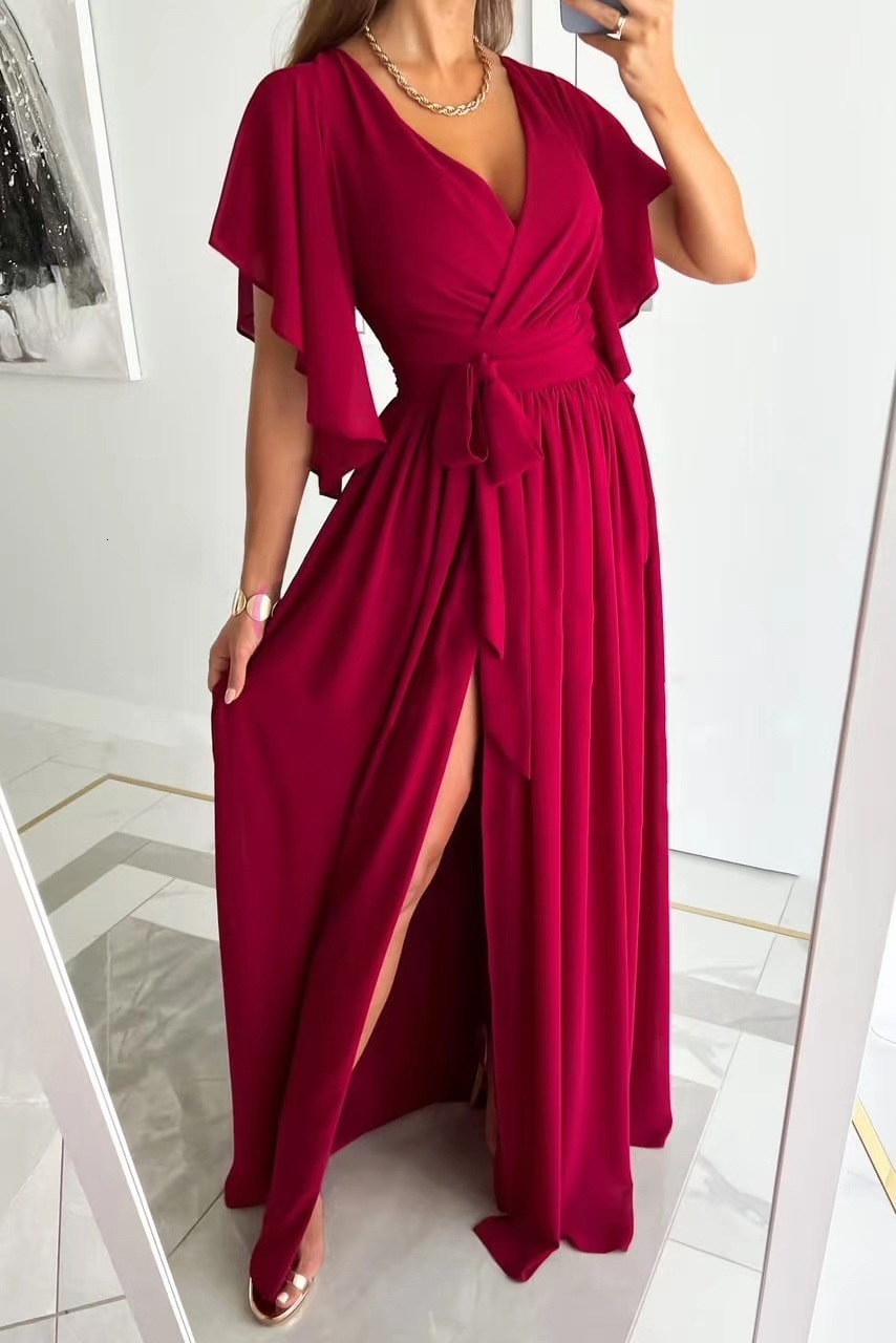 Autumn 2022 solid color flare sleeve loose V-neck floor dress womens wear