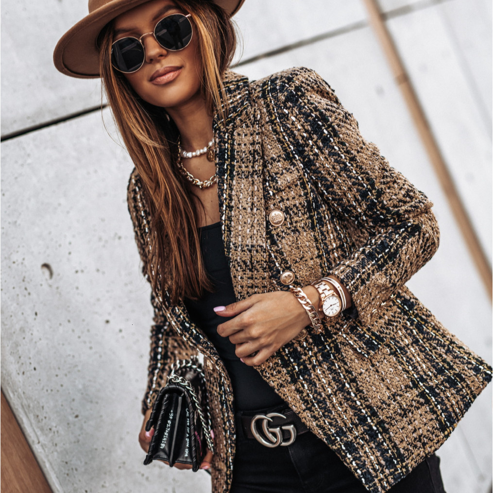 Autumn and winter 2020 long sleeve double breasted suit collar print Jacket Womens wear