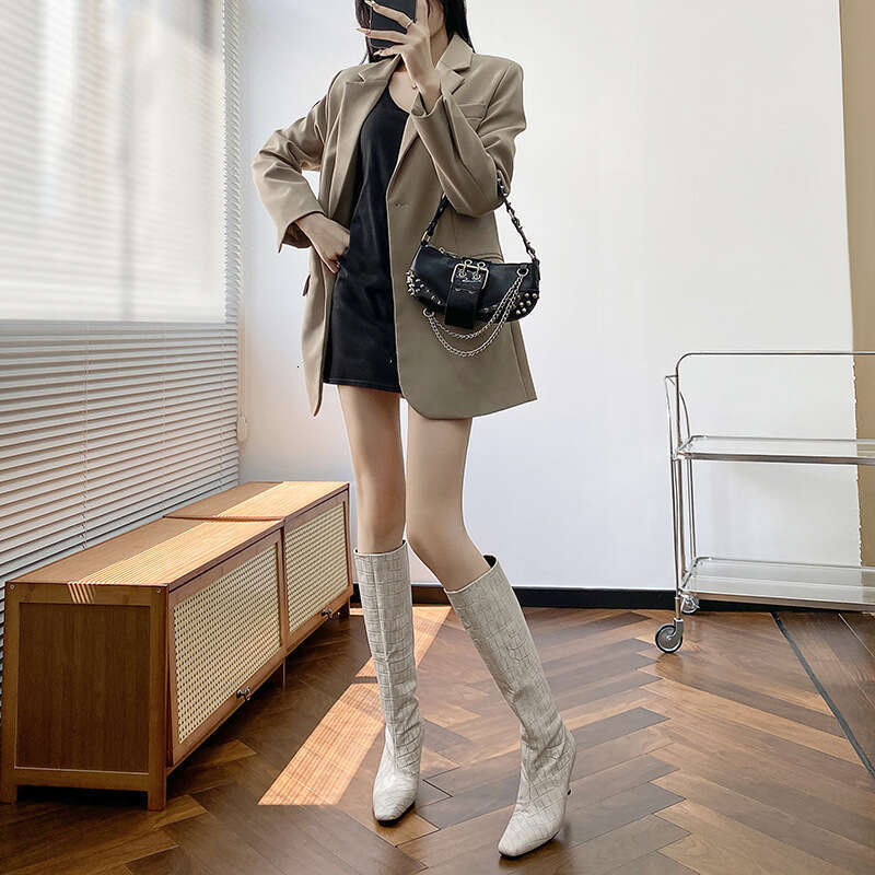 Woman Sandals New Mona Same Style Square Head Heels White Knight Crocodile Pattern High Barrel Over Knee Boots
