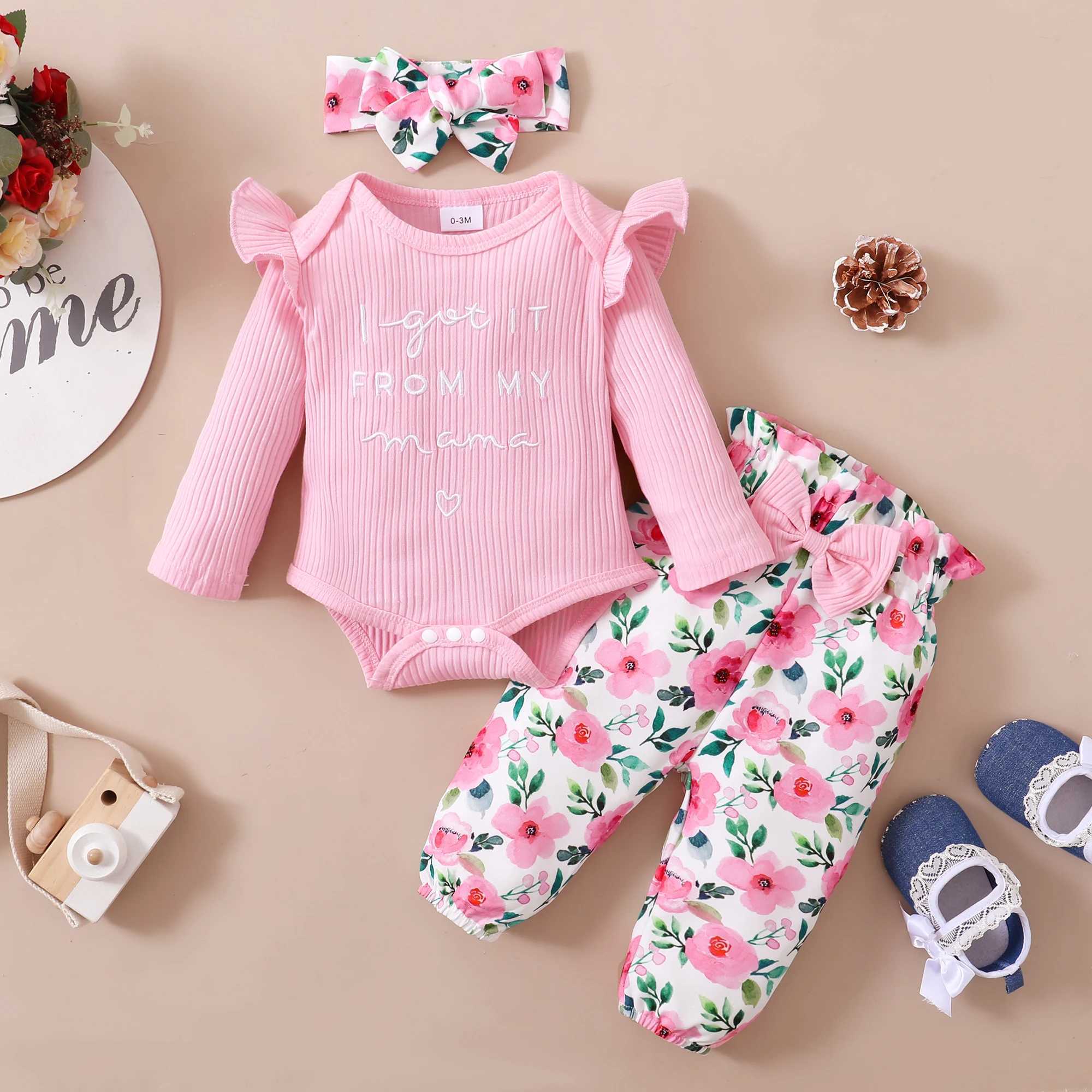 Clothing Sets 0-18M Baby Girl Pink Clothes Set Spring Autumn Clothing Long Sleeve Bodysuit+Floral Pants+Headband 3PCS Toddler Fashion Outfits R250424