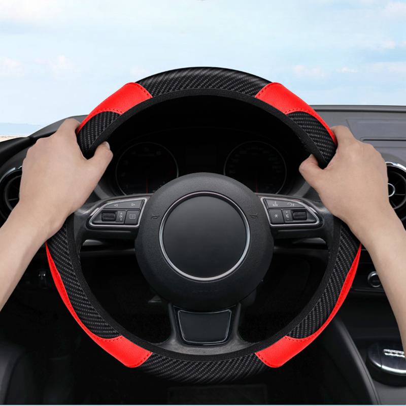 PU Carbon Fiber Leather Car Steering Wheel Cover without Inner Ring Suitable for 14.5-15 Inches/38cm of Automotive Supplies