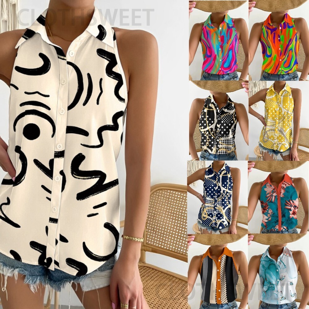 2023 Summer Casual Fashion Off Shoulder Sleeveless Abstract Printed Womens Shirt