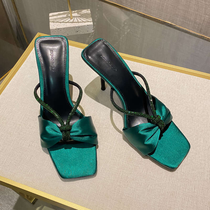 Woman Sandals Green Rhinestone Bow Straight Strap Women New Sexy Open Toed High Heeled Sandals For Wearing Half Slippers On The Outside