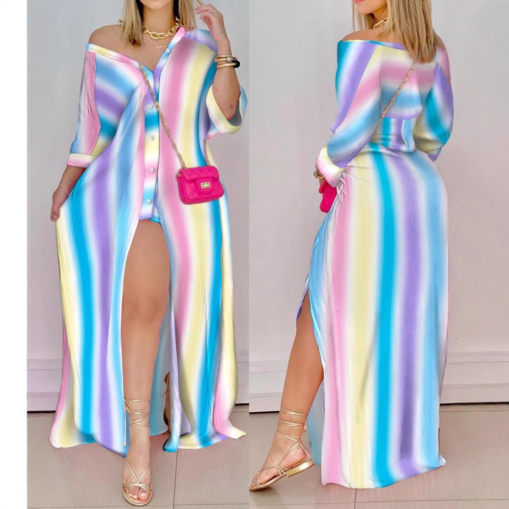2021 autumn loose long sleeve V-neck striped shirt dress womens wear