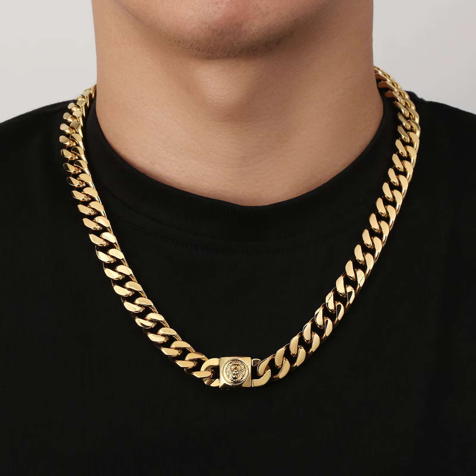 Wholesale 12mm Lion Clasp Miami Big Thick Cuban Chain 18k Gold Plated Stainless Steel Cuban Link Bracelet Necklace for Men Women