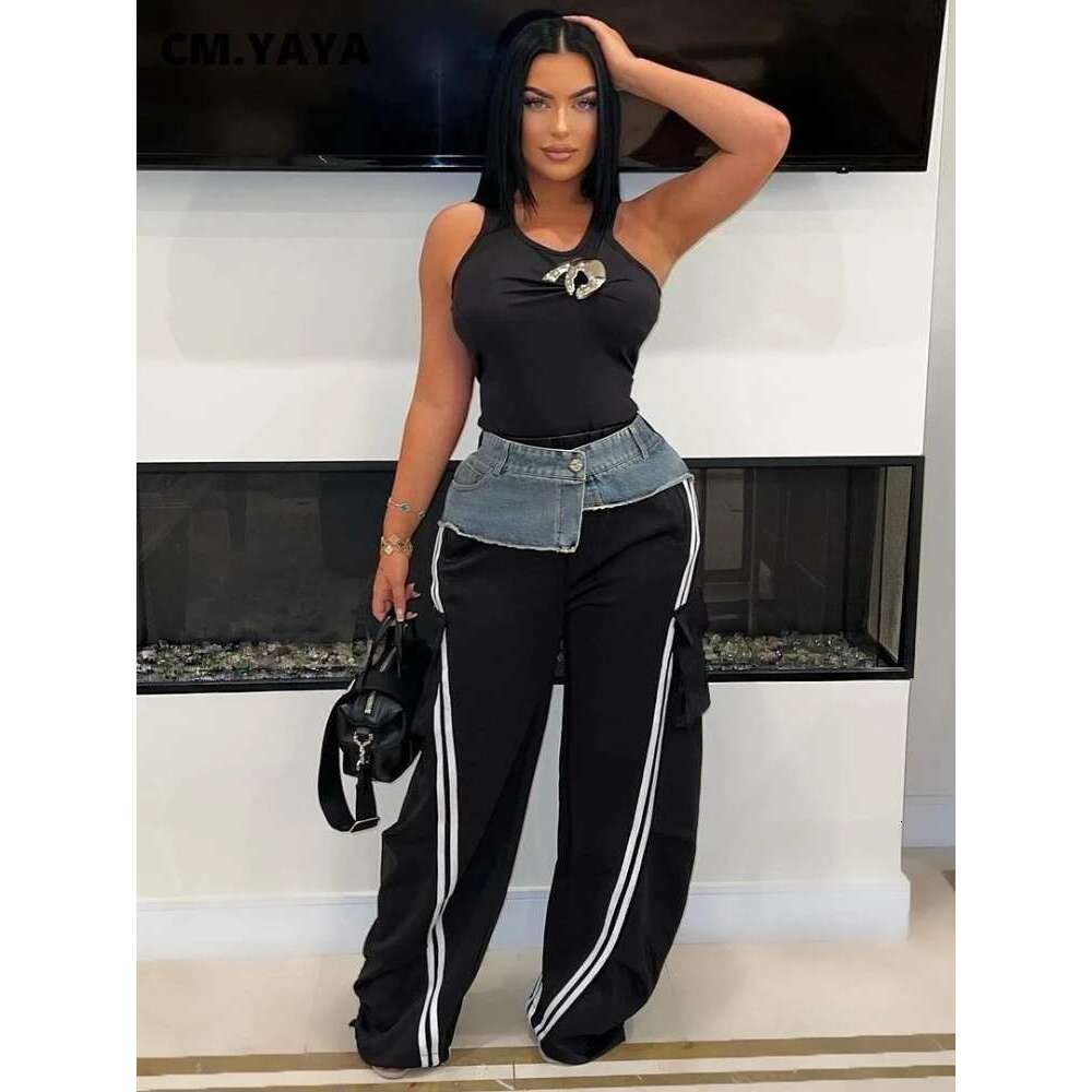 Cm.Yaya Fashion Women Denim Patchwork Pocket Side Wide Leg Loose Jogger Pants 2024 Active Jean Splicing Sweatpants Trousers