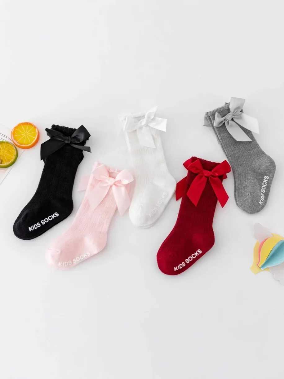 Girls Solid Crew Socks With Bowknot Comfy Breathable Casual Soft Socks For Kids Outdoor Activities G251124