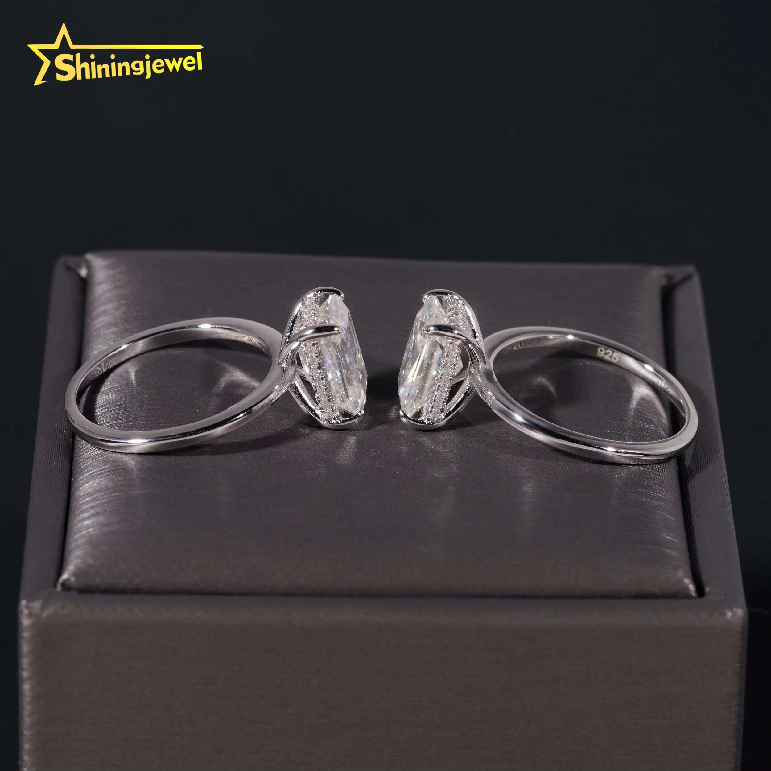 Fast Shipping Gold Plated Emerald Cut Wedding Ring Moissanite VVS Pass Diamond Test 925 Sliver Halo Setting Engagement Ring