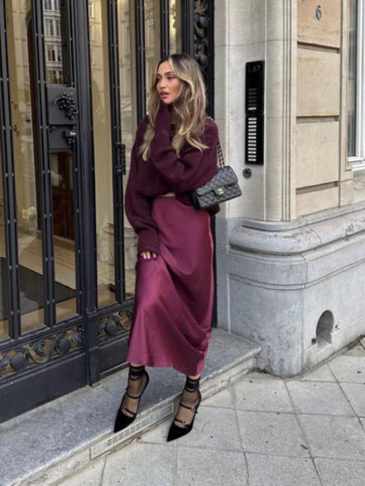 ZBZA Womens Satin Effect Midi Skirt Elastic High Waist ALine Casual Spring Fashion Long 250417