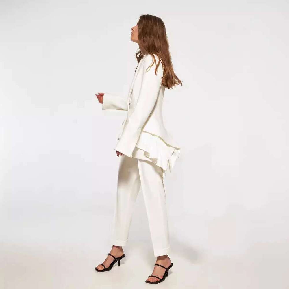 2025 Spring Autumn Blazer White Tailored Ruffled Suit Office Jacket With Hem Pleats For Women Single Buttoned Long Sleeve