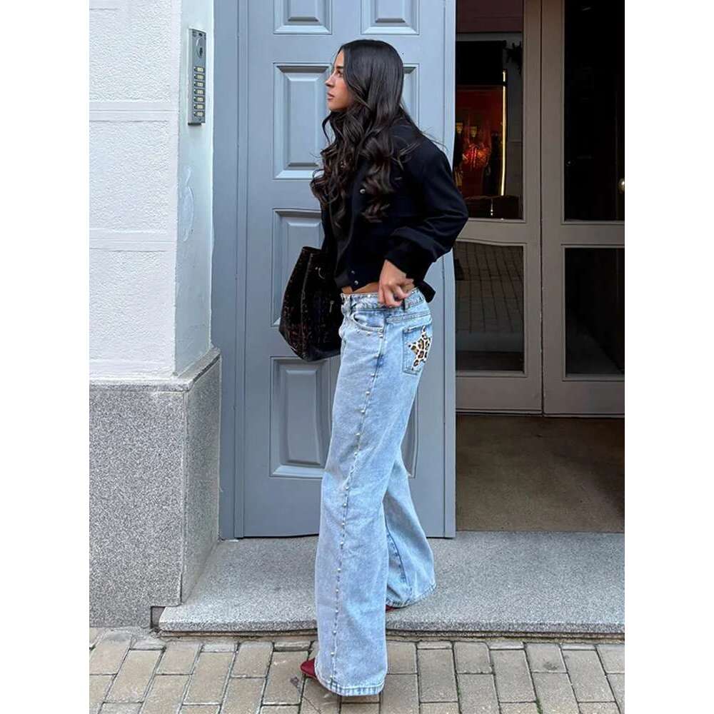 Leopard Print Star Beading Women Denim Pants Metal Rivet Low Rise Straight Wide Leg Jeans Dragging Vintage High Street Pant