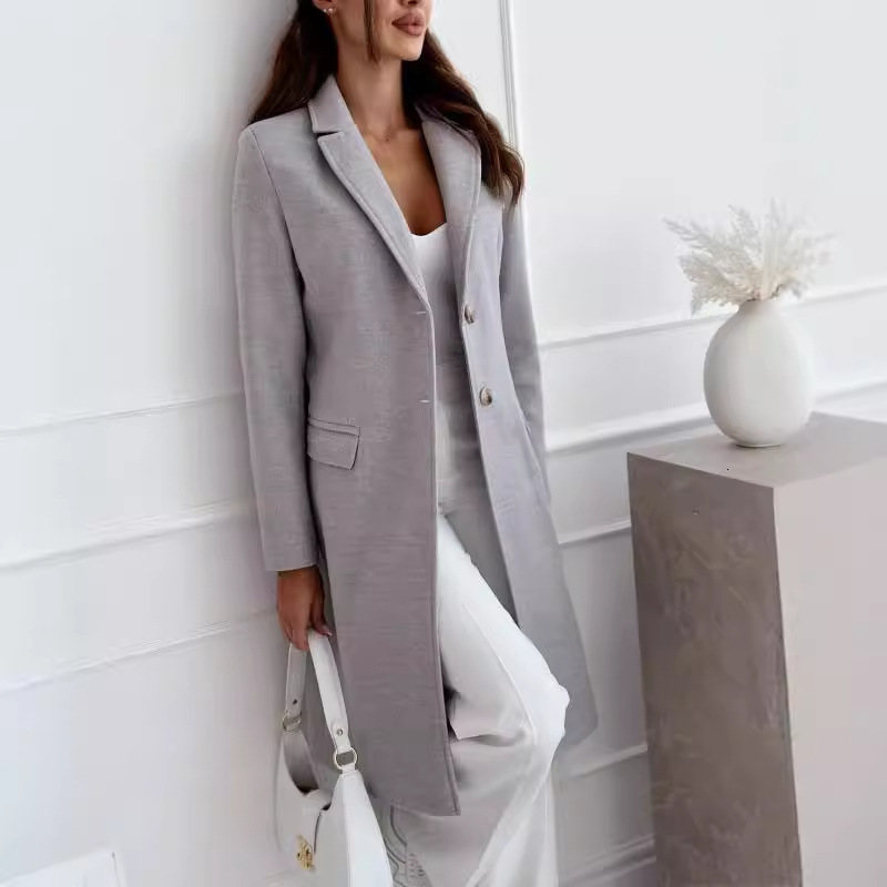 2024 autumn and winter simple solid color medium long button down woolen coat jacket for women