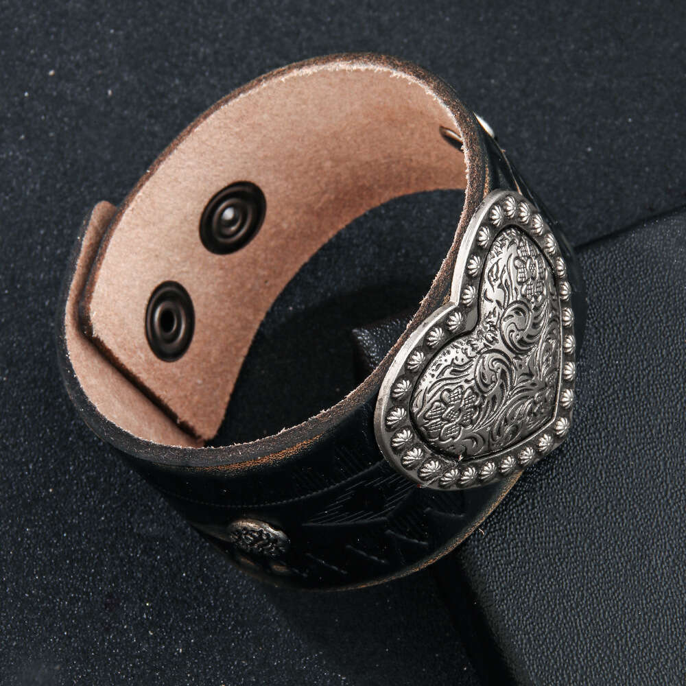 Temu High end Cowhide Love Antique Metal Accessories Imprinted Totem Genuine Leather Bracelet for Men