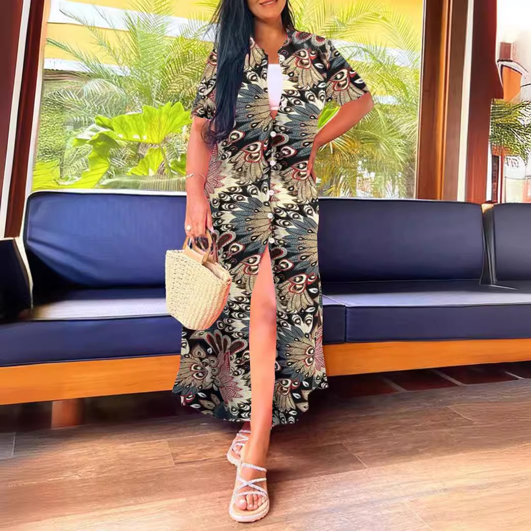 2024 summer short sleeved casual long striped printed dress for women