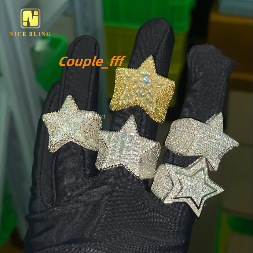 Pass Diamond Tester Iced Out 7 Designs Star Shape Hip Hop Rapper Jewelry Full With VVS Moissanite Diamond 925 Silver Men Ring