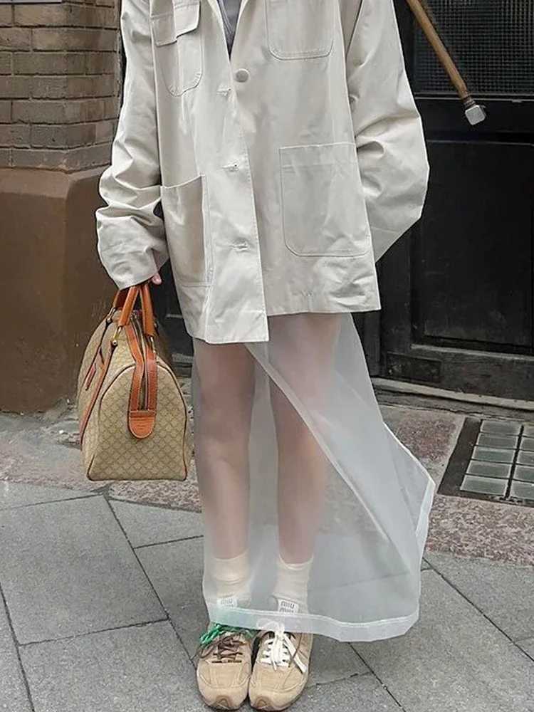 Trendix Sexy See Through Mesh Skirt Women White High Waist Seam Loose Leather Autumn Street Fashion Club Party Skirt Women M250424