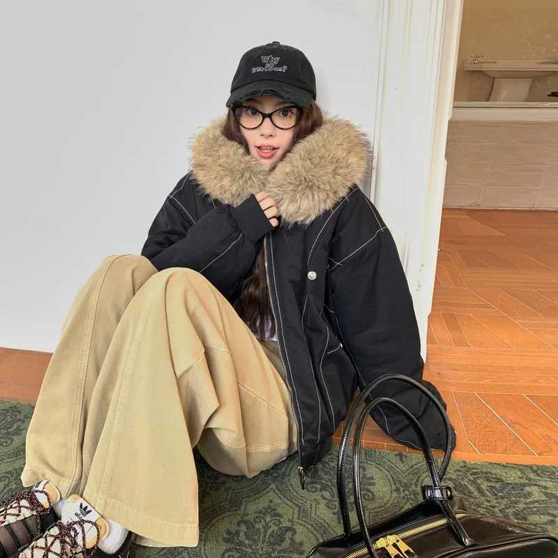 Autumn Winter Cotton Padded Jacket Women Outerwear Thick Warm Oversize Short Coat Female Hooded Long Sleeve Fur Collar Parkas J251124