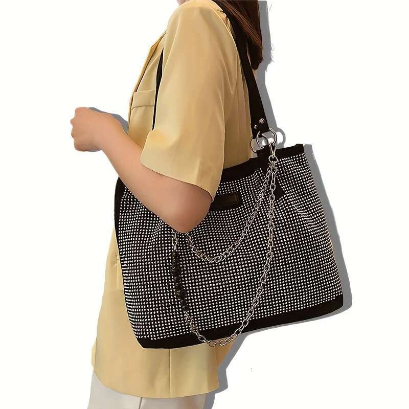 Shiny Rhinestone Shoulder Trendy Chain Decor Tote Bag, Glitter Bling-Bling Handbag For Women