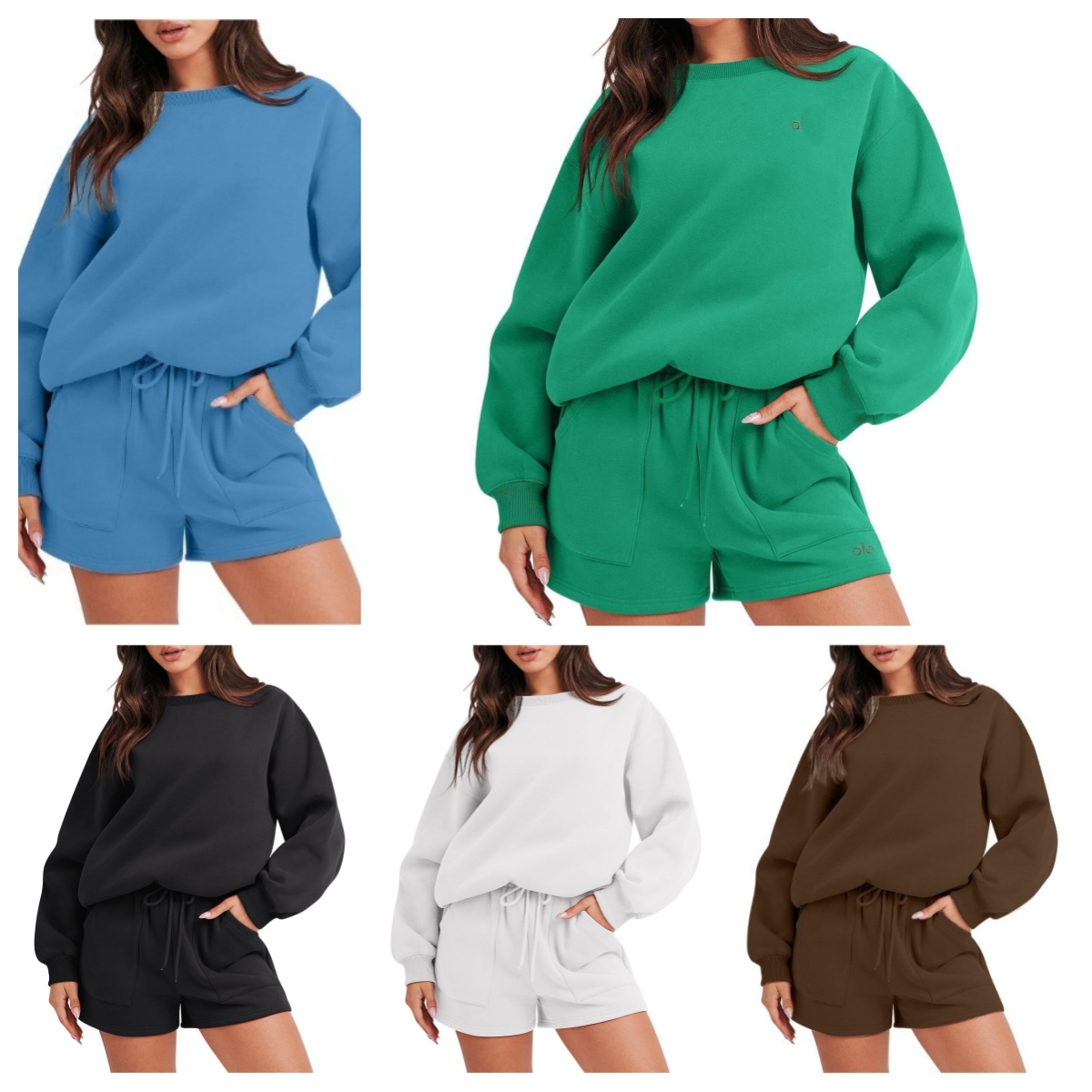 A1351 3D Silver Logo Fashionable Women's Solid Color Sweatshirt Outfit with Matching Short Pants Womens Round Neck Long Sleeve Casual Top Hoodie & Shorts Set