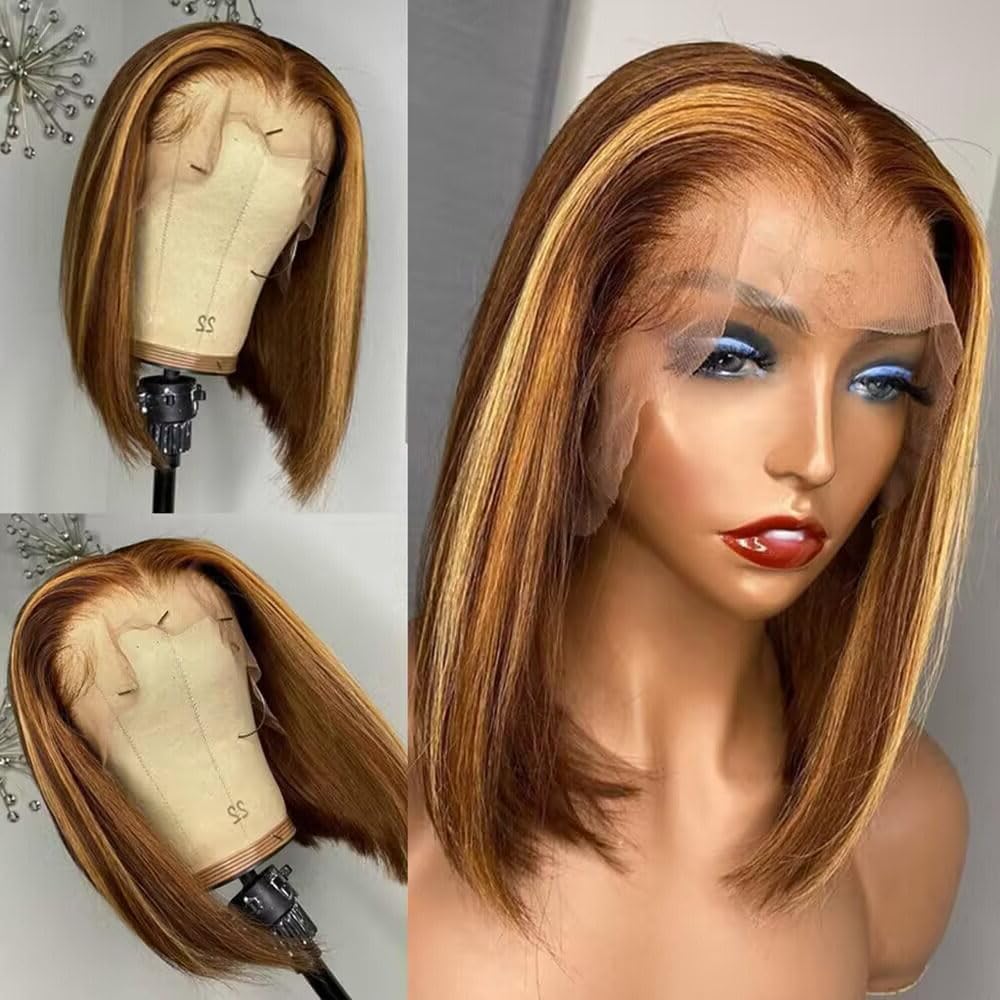 Highlight Blonde Short Bob Human Wigs Hot Sale Bone Straight Glueless HairWigs For Black Women Brazilian Huamn Hair 13x4 HD Front Hair Wig Lace Fronta