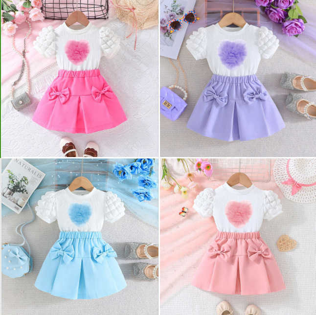 2025 New Girl Bubble Short Sleeved Top Love Bow Short Skirt Set Fashion Set Y250423lqyd