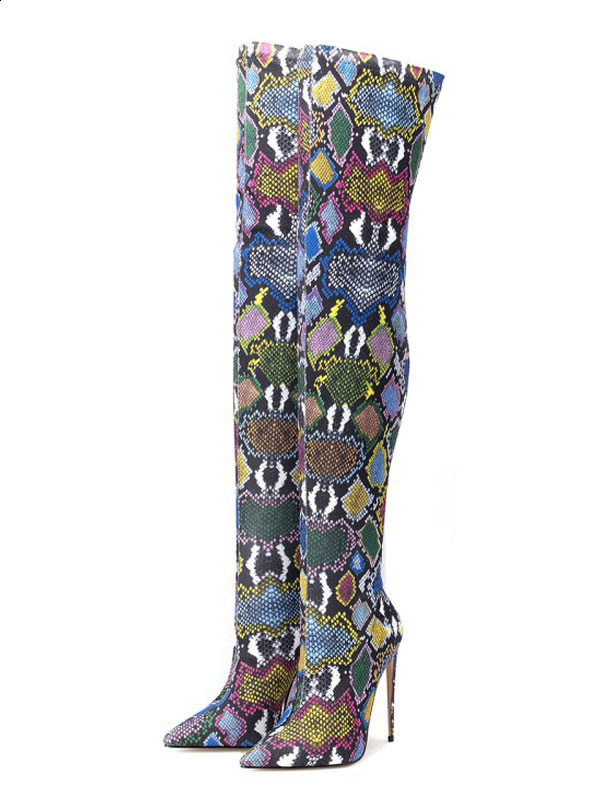 autumn and winter high tube pointed snake pattern female adult adhesive bottom leopard print fashion boots 240615