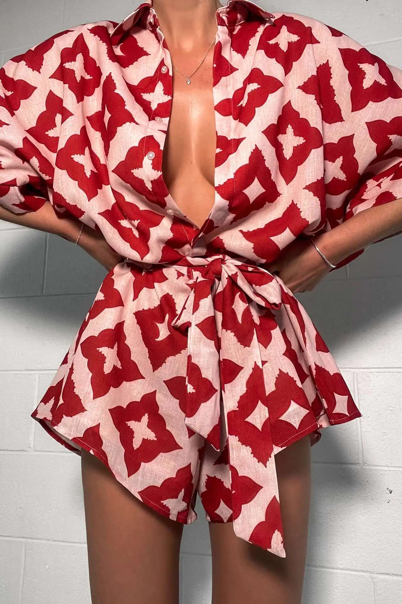 2024 New Autumn Women Casual Strap Jumpsuit Red Print Bow Tie Turndown Collar Loose Bodysuit Sexy Outfits Streetwear