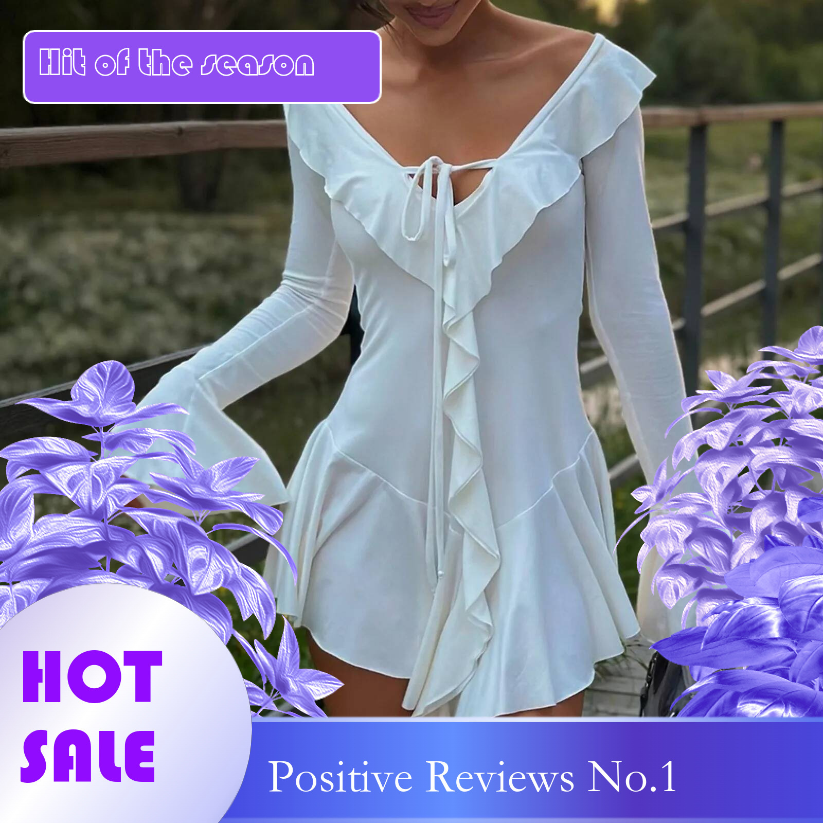 Dongdumaoyi White Ruffles Long Flare Sleeve V Neck Slim Mini Dresses For Women Autumn Fashion Elegant Sexy Short Party Dress Lady