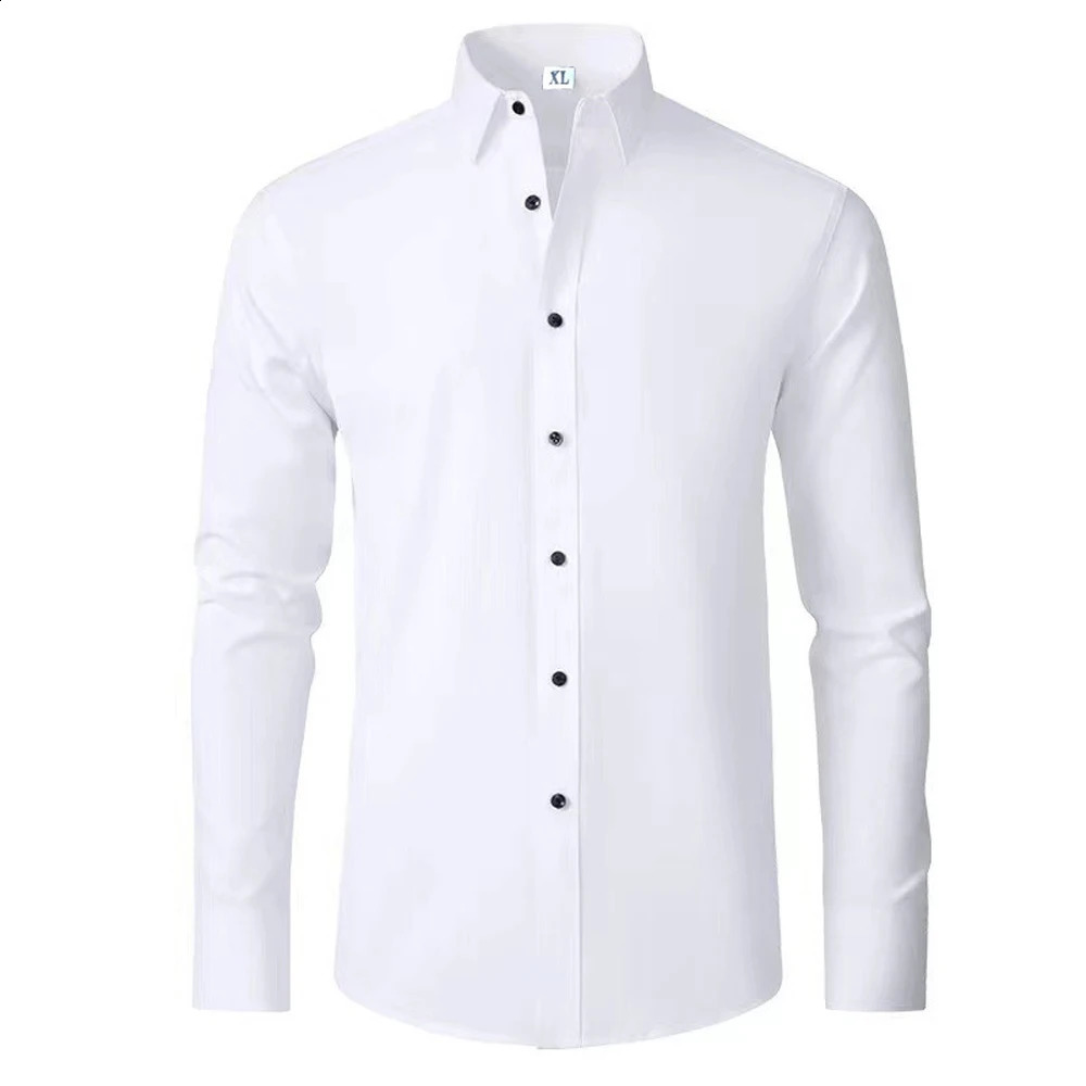 Mens business casual shirt solid color lapel button long sleeved dress elastic iron free office commuting 250420
