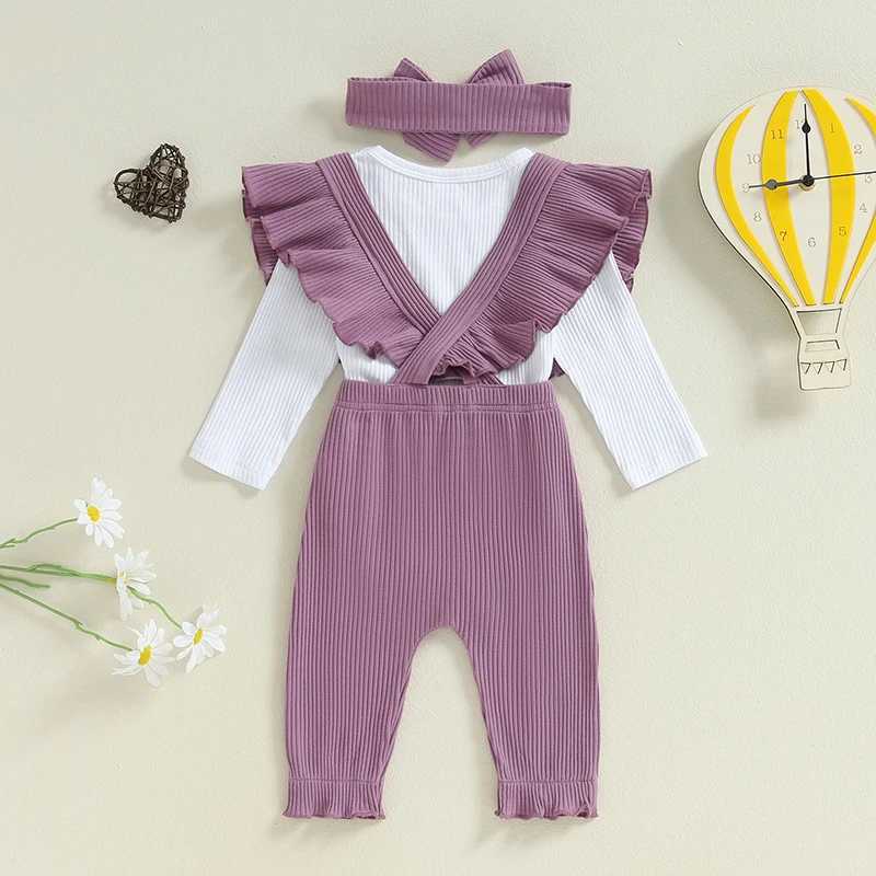 Clothing Sets 2024-05-31 Lioraitiin Baby Girl Ribbed Outfit Long Sleeve Romper Ruffle Trim Overalls Bow Headband 3 Piece Set for Fall R250424