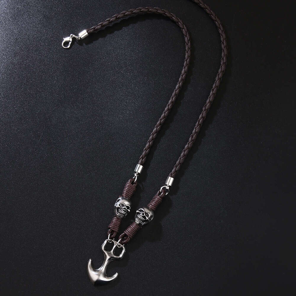 Versatile design Halloween alloy boat anchor pendant hot selling personalized skull head woven necklace