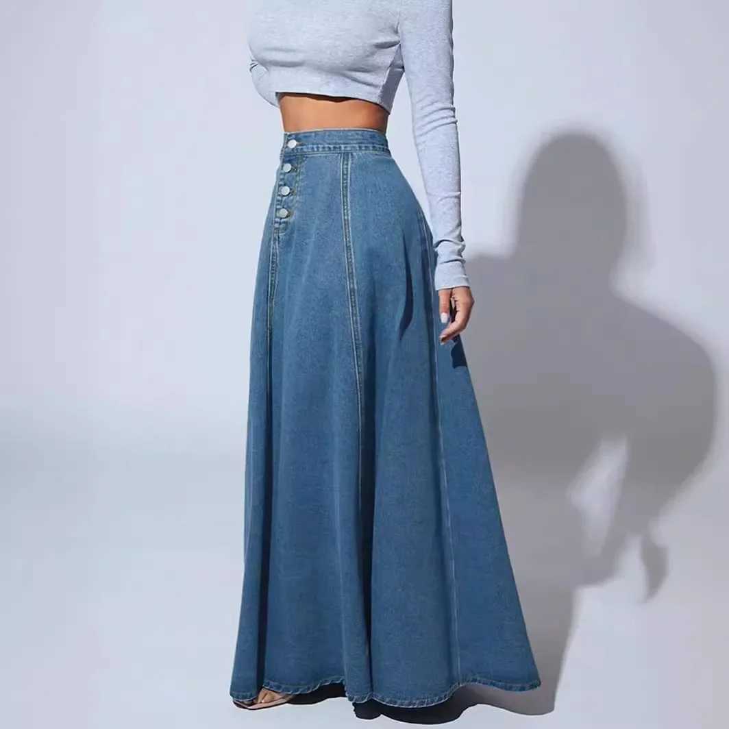 Denim dress womens long A-line single chest high waist jeans retro Maxi simple casual elegant splicing Y2k streetwear M250424