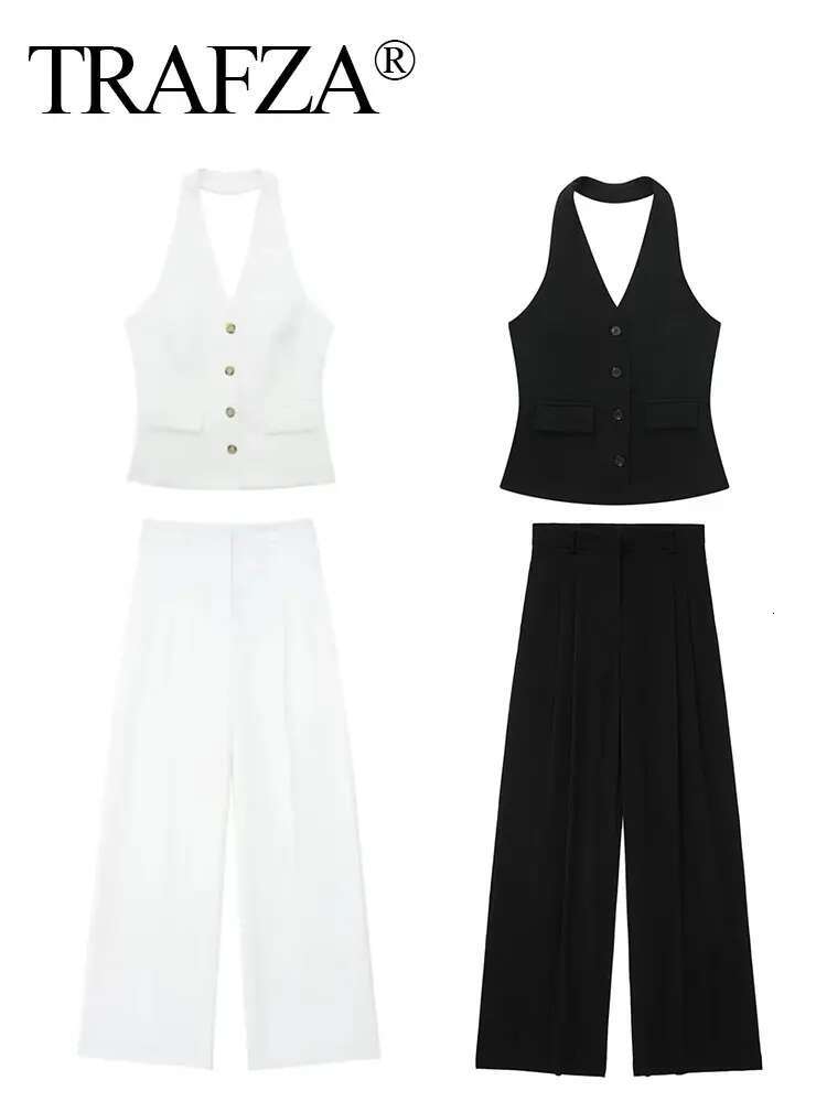 TRAFZA Women Fashion Solid Pant Suit Halter Single Breasted Sleeveless Blazer Vest Top Zipper Fly Trousers Office Lady Sets