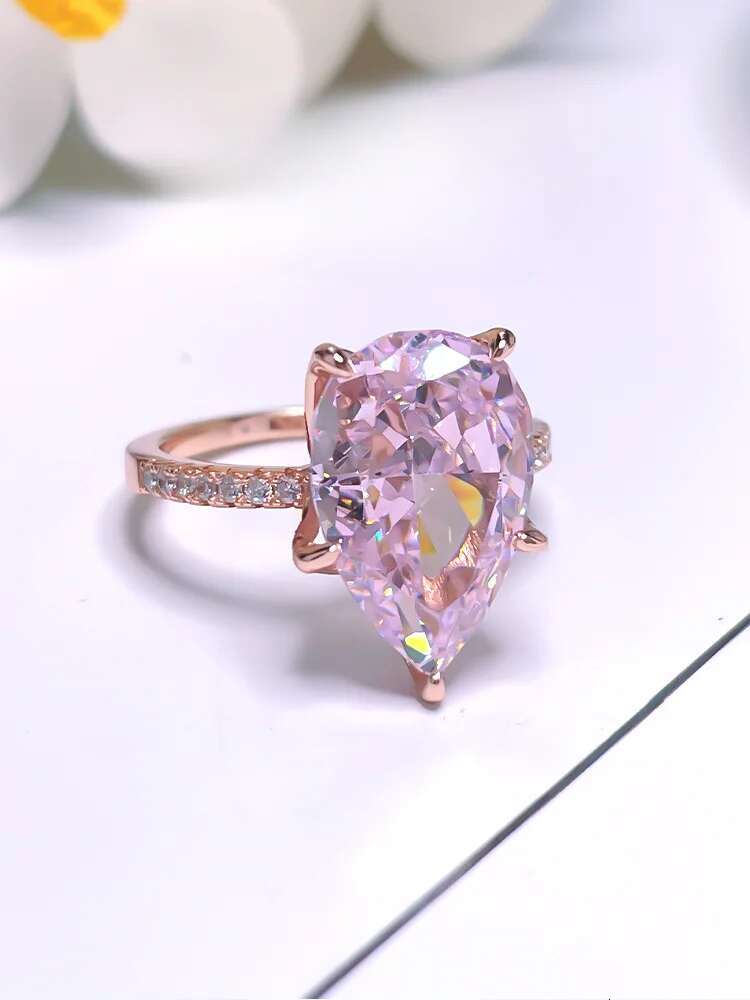 Fashionable niche high-endversatile 925 sterling silver droplet pink diamond ring inlaid with high carbon diamond temperament