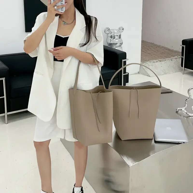Designer Bag Simple Minimalist-Style Grey Black Bucket Tote 4 Sizes No Genuine Cow Leather Women Handbag Armpit Shoulder Bag