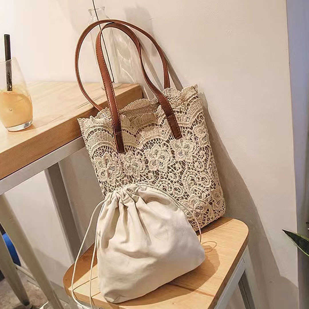 Spring Summer New Grass Woven Bag Lace Water Bucket Mother Hollow Beach Bag Womens Bag