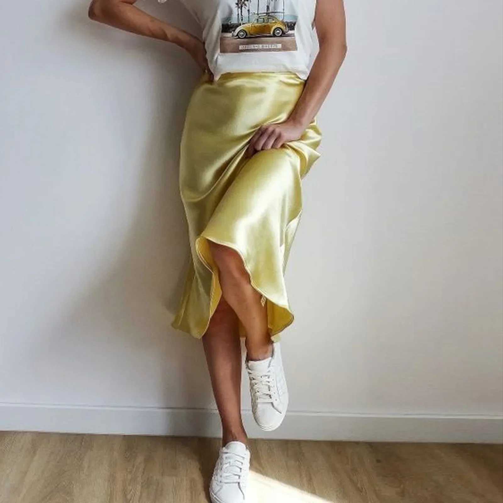 Summer Chic Office Satin Midi Skirt Womens Fashion Korean Casual High Waist Elegant Ultra Thin Long Fashion Womens Office Women M250424