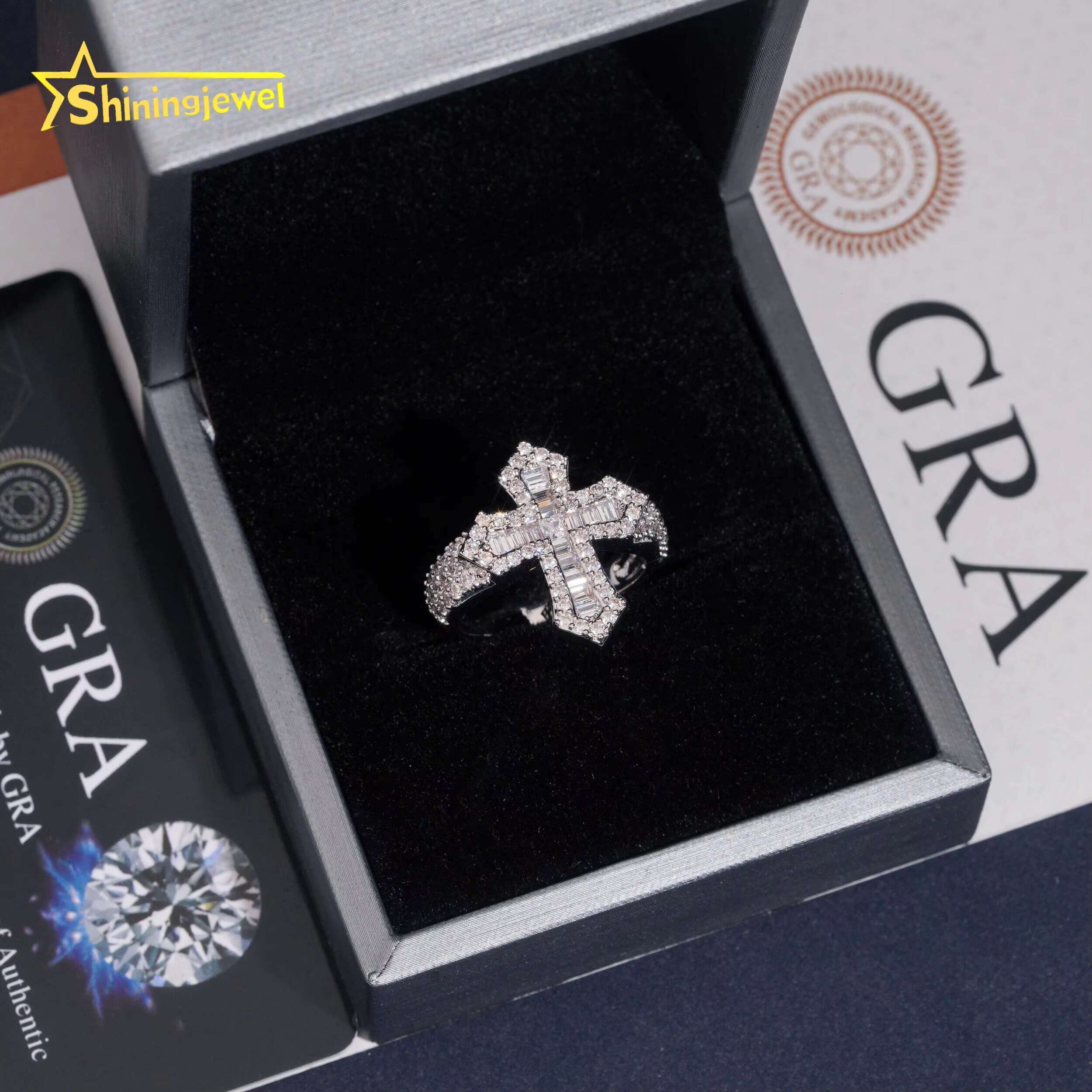 Hip Hop Cross Style Iced Out Baguette Cut Moissanite Diamond Ring Custom 925 Sterling Silver Men Ring Moissanite Fine Jewelry