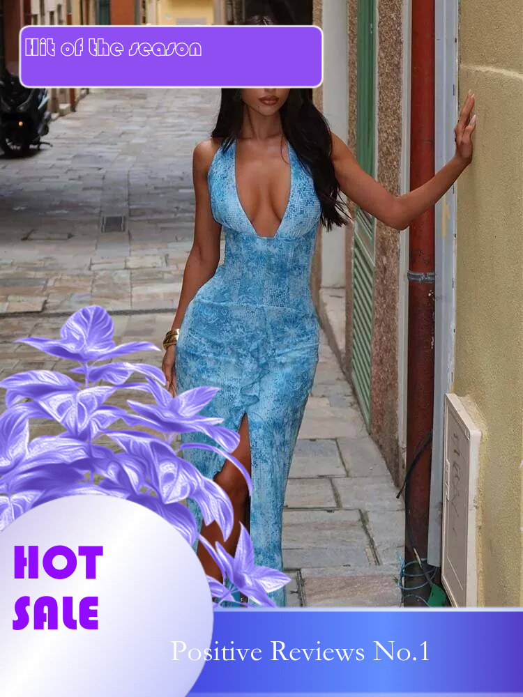 Dongdumaoyi Townlike Print Maxi Long Slim Bodycon Dress Women Halter Spring Summer Ruffles Nightclub Sexy Party Dresses