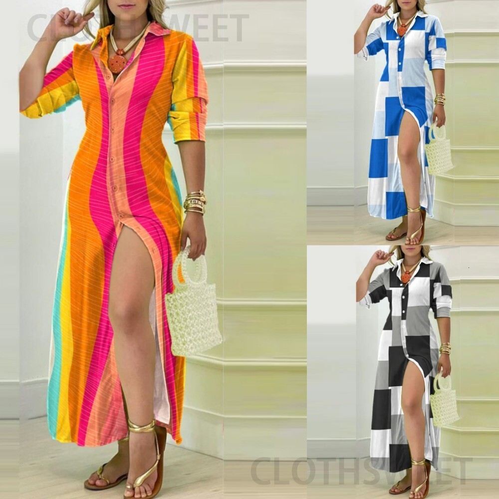 2023 summer long sleeved V-neck simple button down shirt dress for women